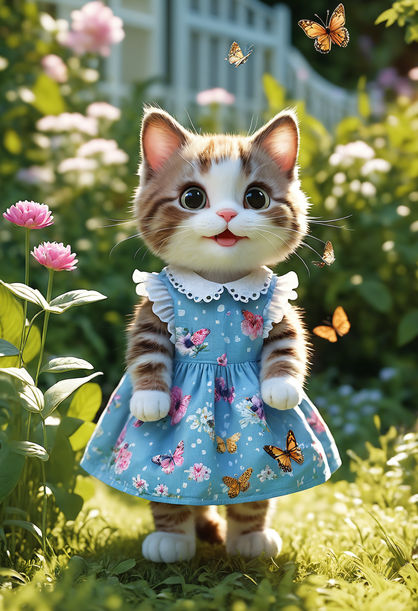 一个害羞可爱的小猫女孩，穿着华丽的夏装插图