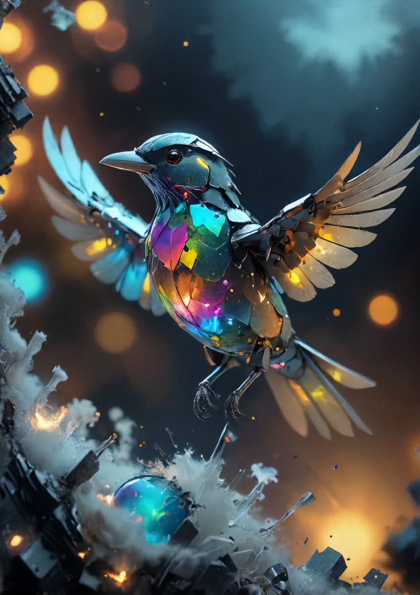 一只机械全息水晶鸟正在升起，半透明的翅膀破裂插图