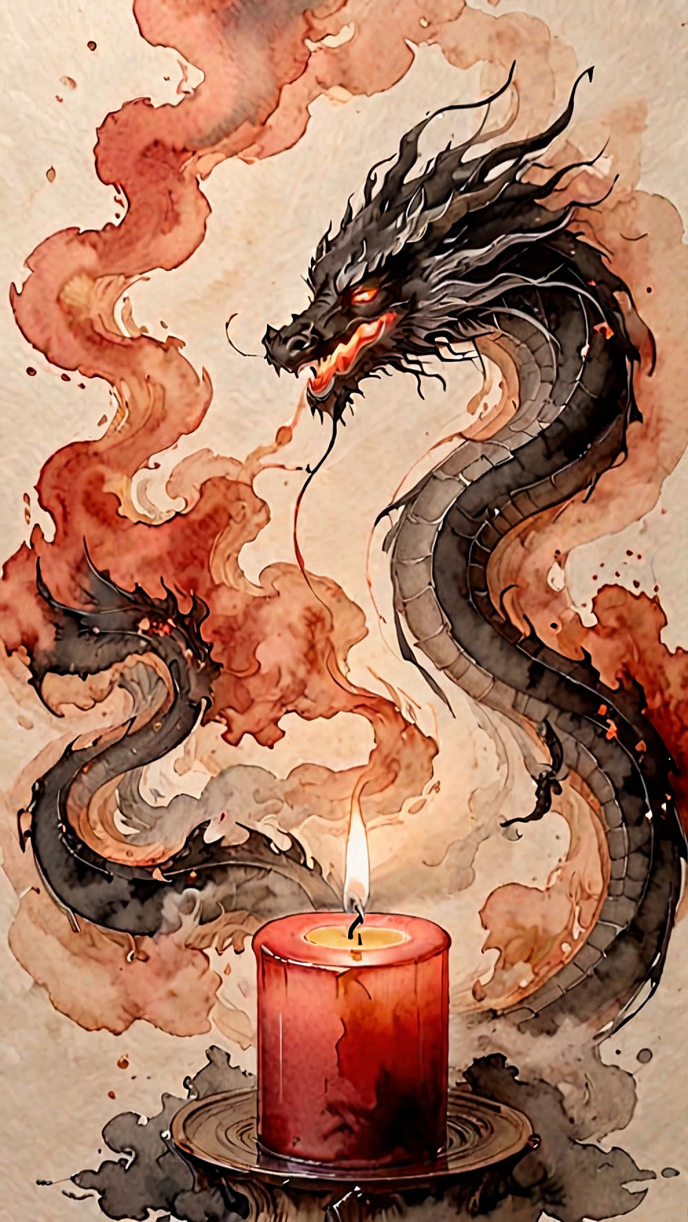 神秘的剪影画，水彩和液态石墨，一条由一根蜡烛中升起的烟雾组成的东方龙插图