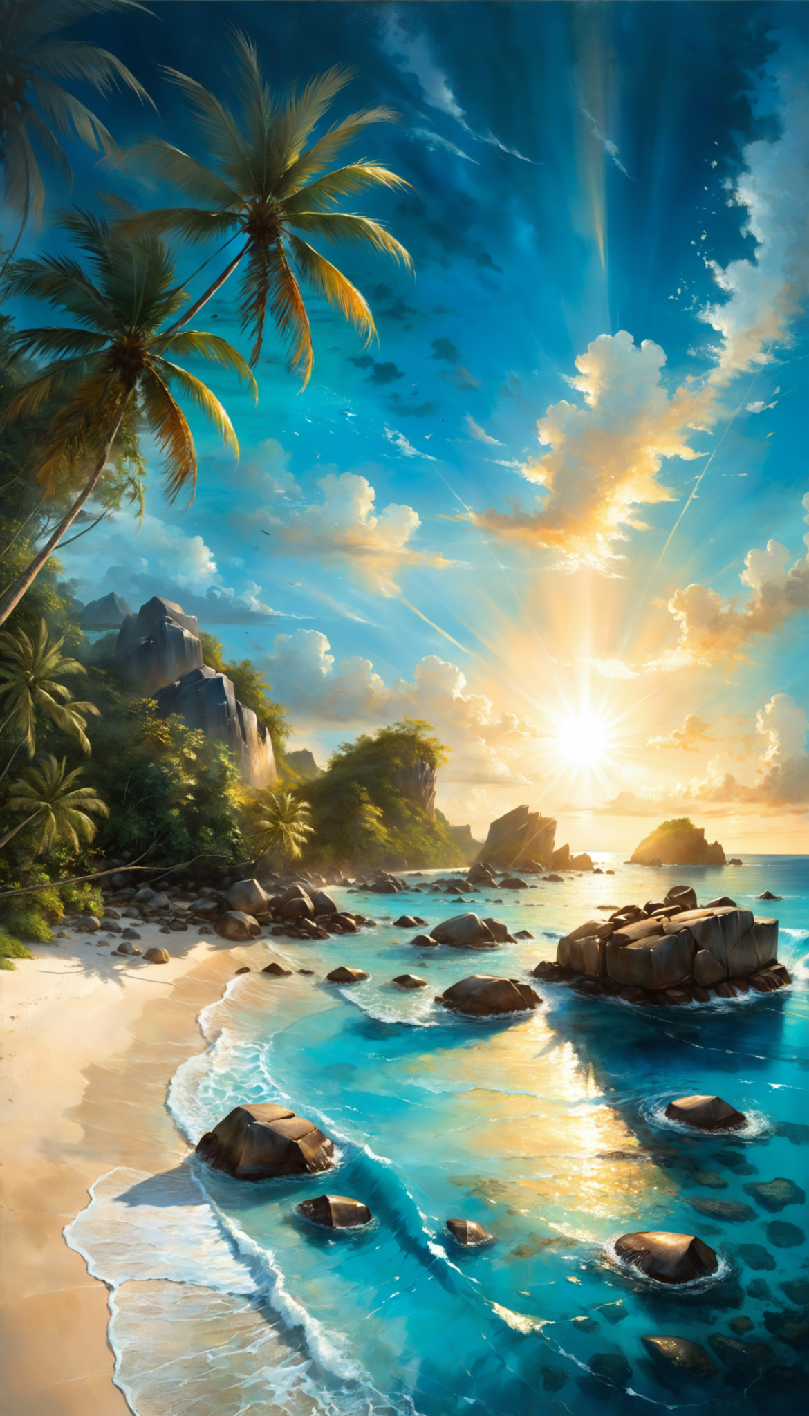 棕榈树环绕的海滩，花岗岩巨石，充满活力的热带天堂，水晶般清澈的蔚蓝海水插图