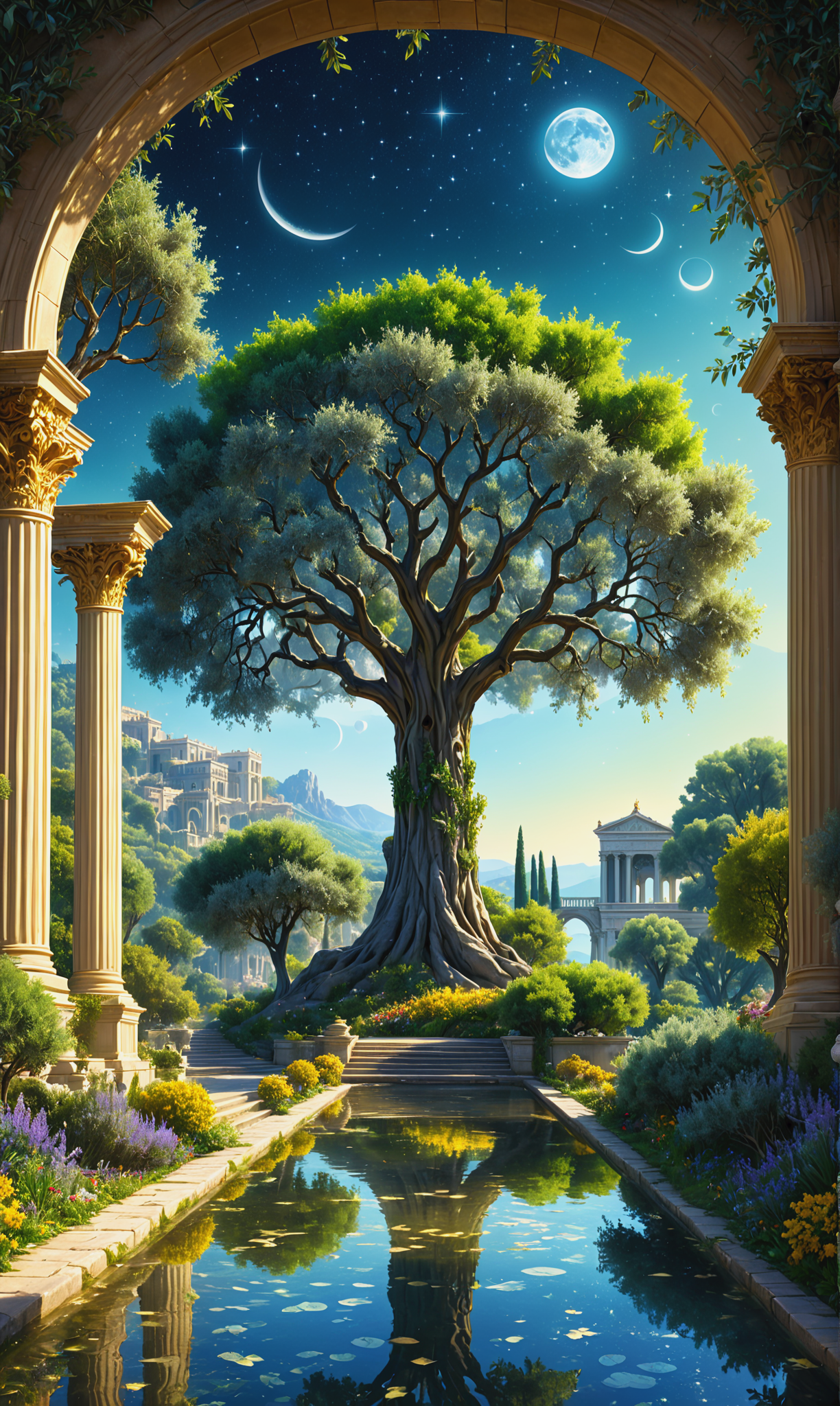 水晶仙城宫殿前华丽美丽的花园，突出宏伟的橄榄树插图