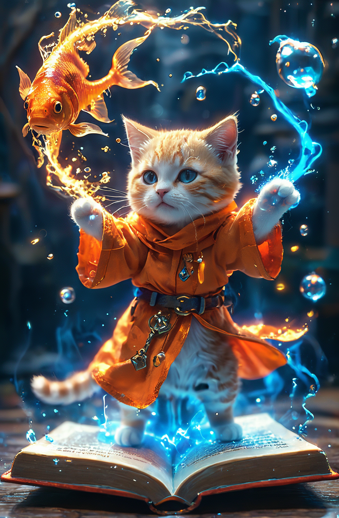 一只可爱的小猫，身穿女巫长袍，脚踩魔法书插图