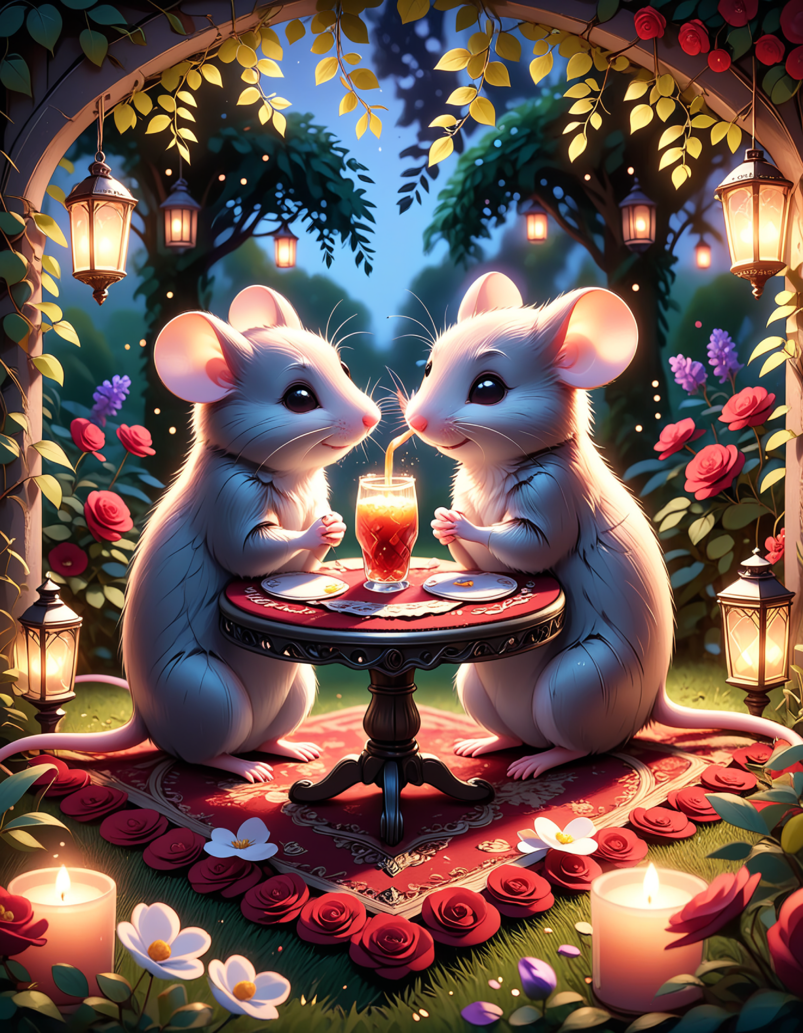 两只老鼠坐在红色花卉图案地毯上的小桌子旁，周围是郁郁葱葱的花园，柔和的灯笼灯光照亮插图