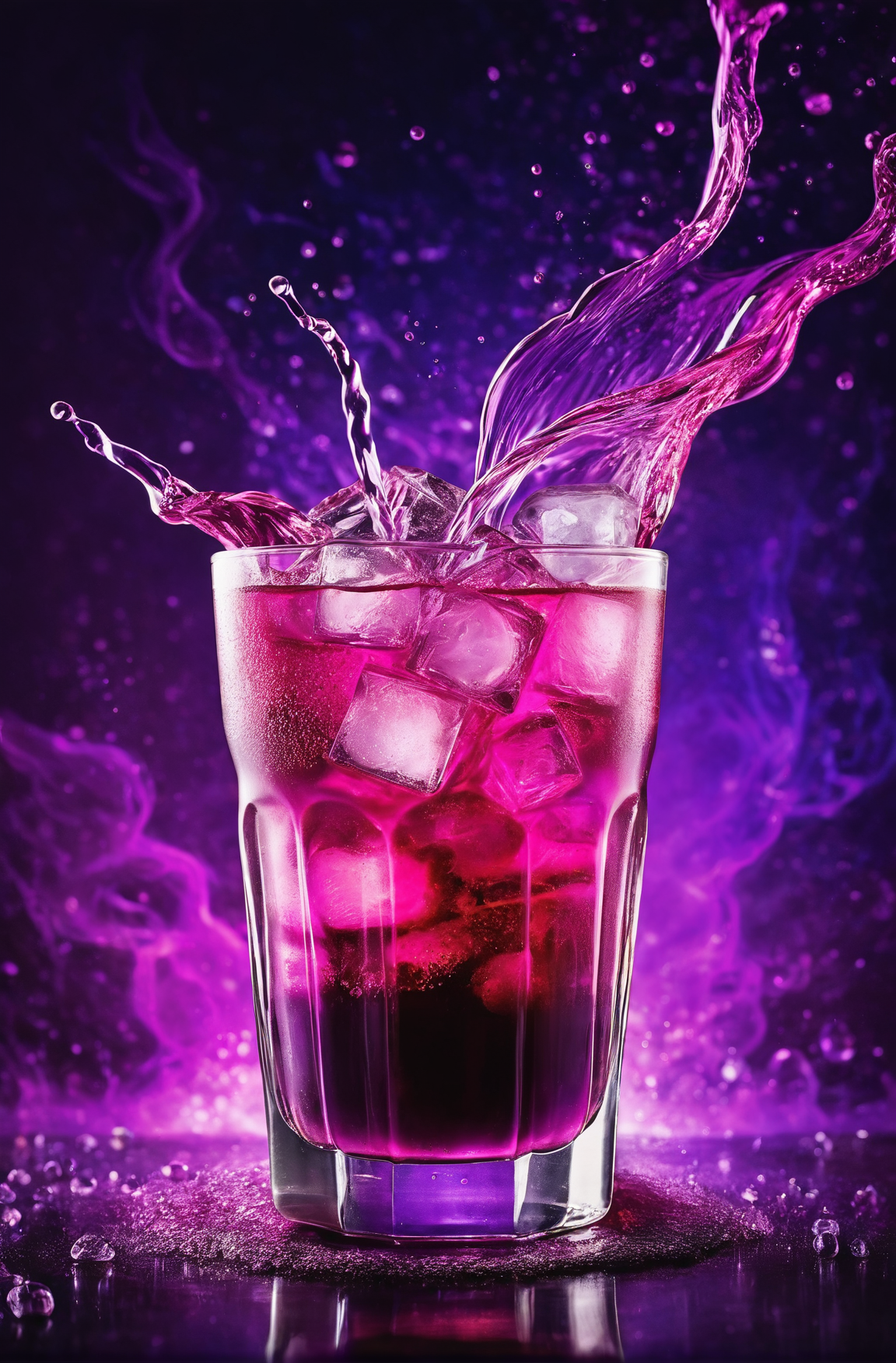 充满活力的发光紫色饮料，采用运动中的产品英雄风格插图