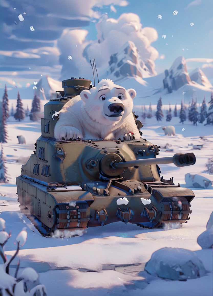 雪景中的可爱 trtsetnk 坦克，周围环绕着可爱的白色北极熊插图