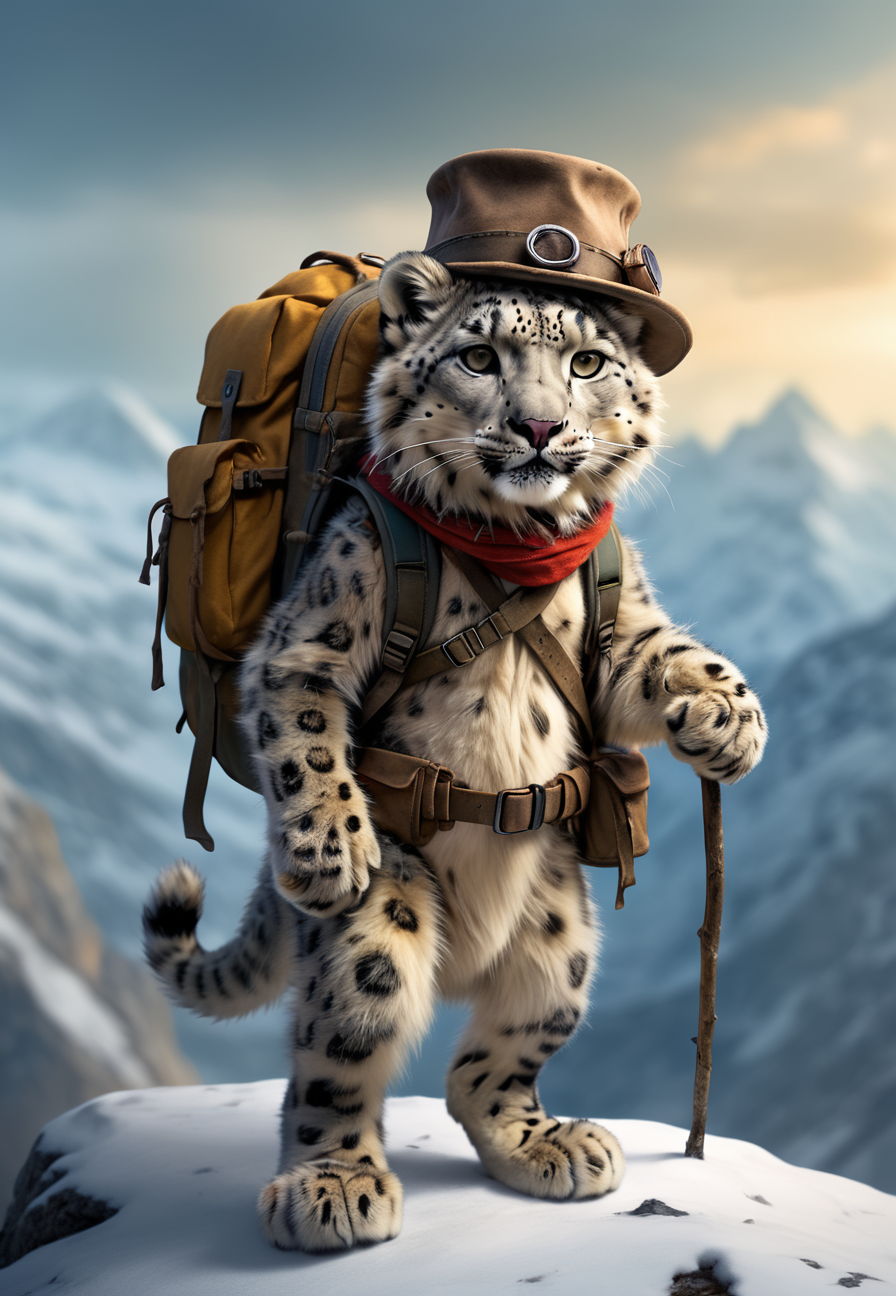 喜欢冒险的可爱有趣的雪豹，戴着一顶小探险家帽，背着迷你背包，行走在狂野的雪山中插图