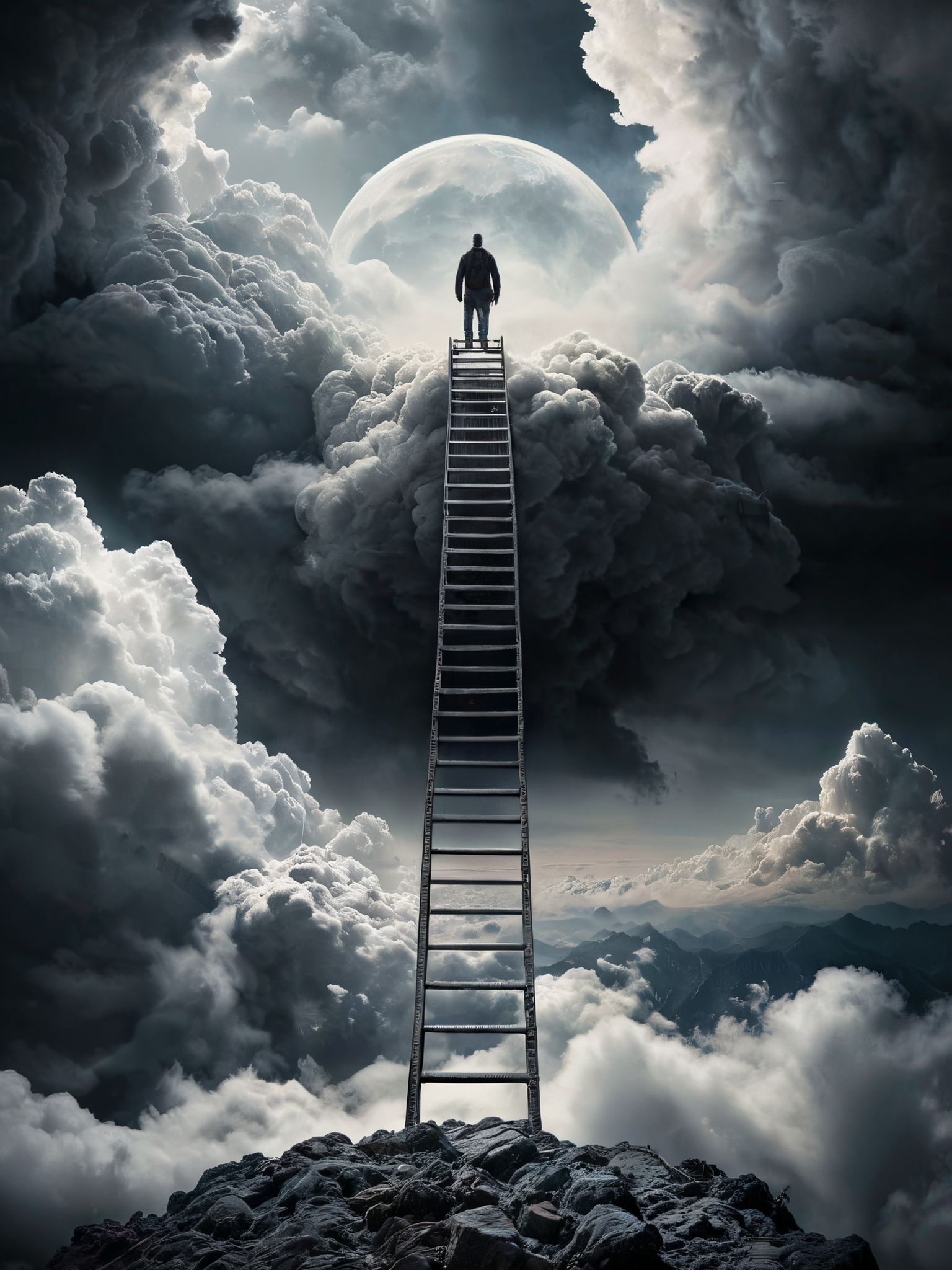 一个人正在爬上无尽的梯子，梯子消失在云层中插图