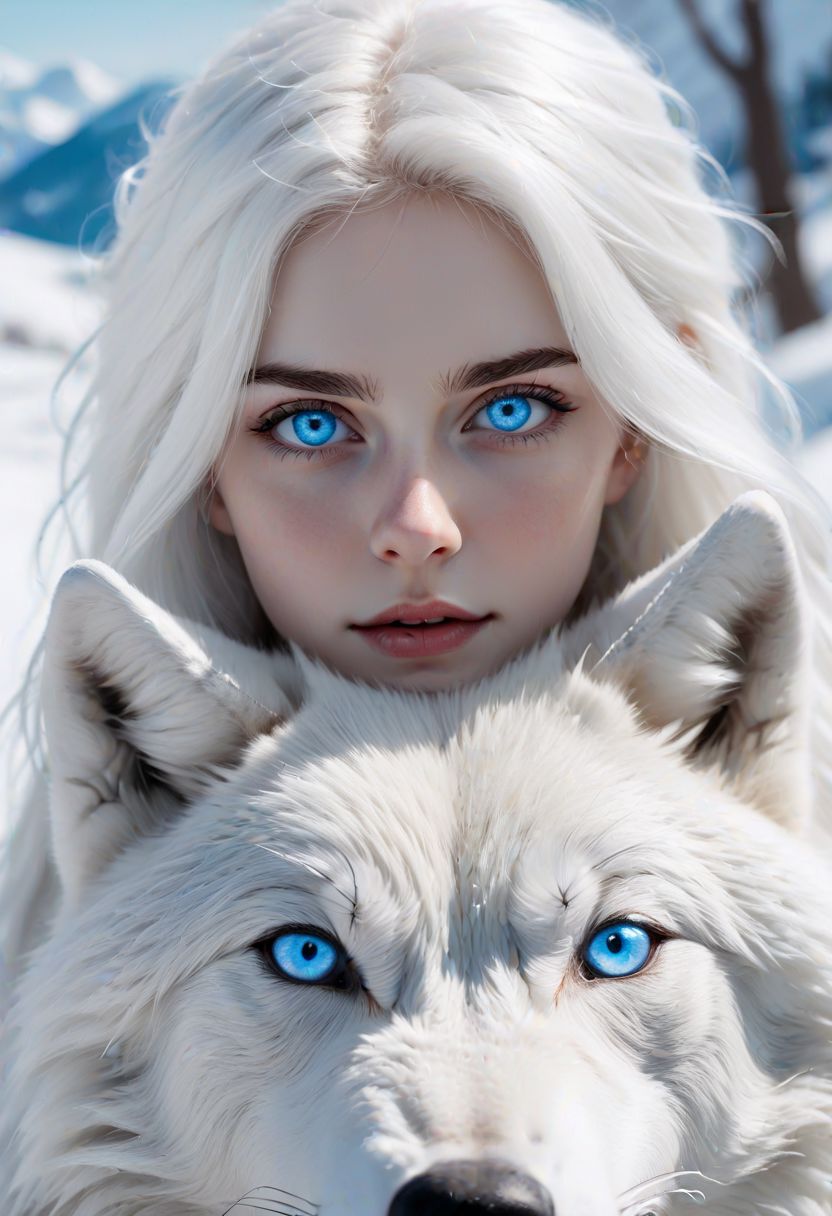 白头发和明亮的蓝眼睛的女孩看着观众，白狼与明亮的蓝眼睛，雪景插图