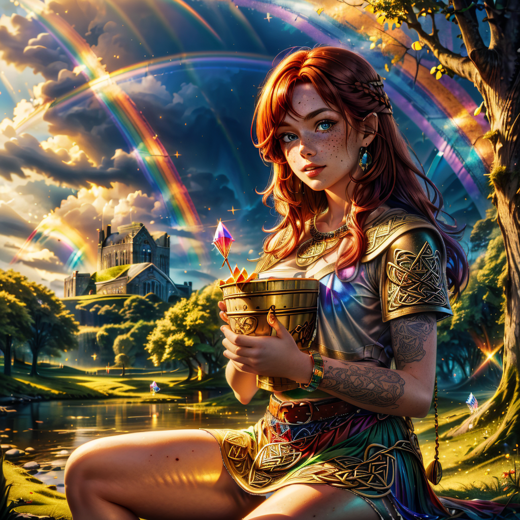 可爱的女孩抱着一桶黄金和宝石、彩虹之下插图