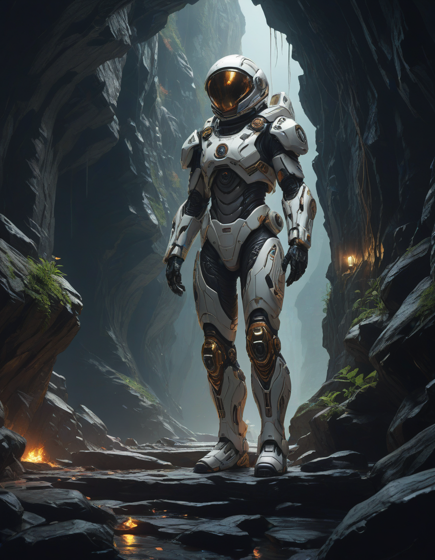 一名宇航员在黑暗洞穴中穿着白色未来控制论装甲的概念艺术草图插图