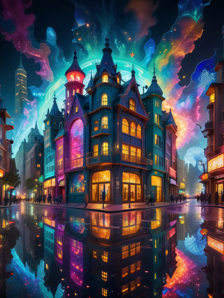 夜间异想天开的城市景观，建筑物由彩色玻璃制成，反射产生万花筒效果插图