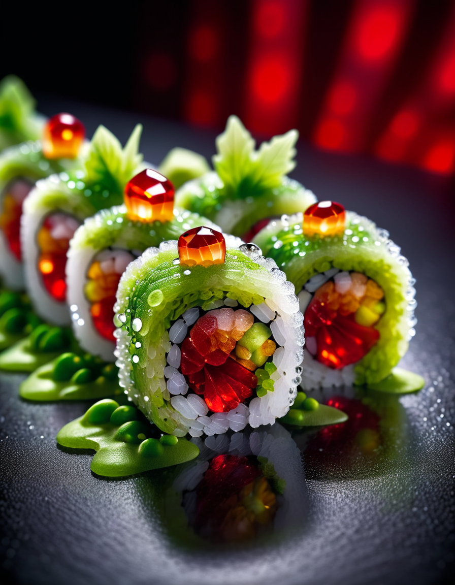 芥末水晶卷寿司的食品摄影照片，完美的角色，最大的细节插图
