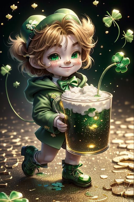最可爱的妖精拿着绿色啤酒，友好，赤壁，令人惊叹的三叶草背景插图