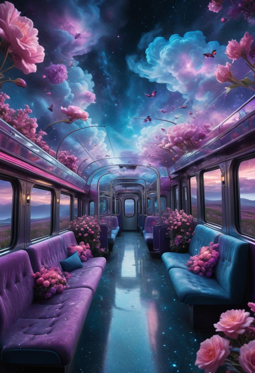 超现实的火车，盛开的花朵，空灵的云动物，闪闪发光的轮廓插图