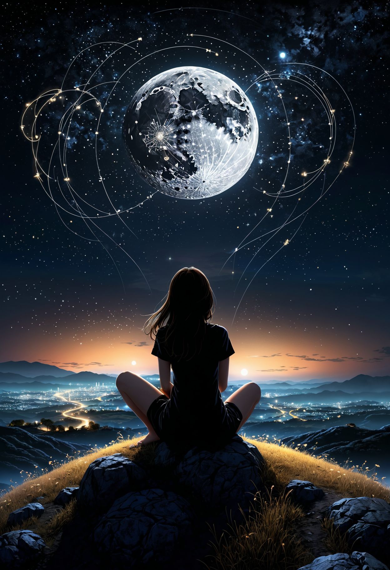 女孩坐在小山上看着夜空插图