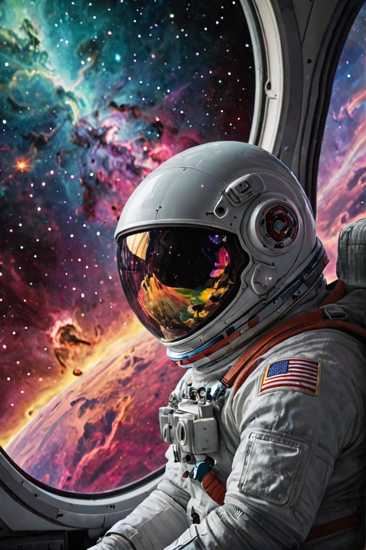一名孤独的宇航员凝视着宇宙飞船的窗户插图
