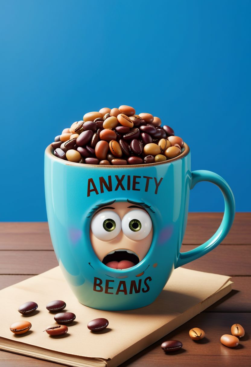杯子里的焦虑豆，上面写着“焦虑豆”，皮克斯艺术插图