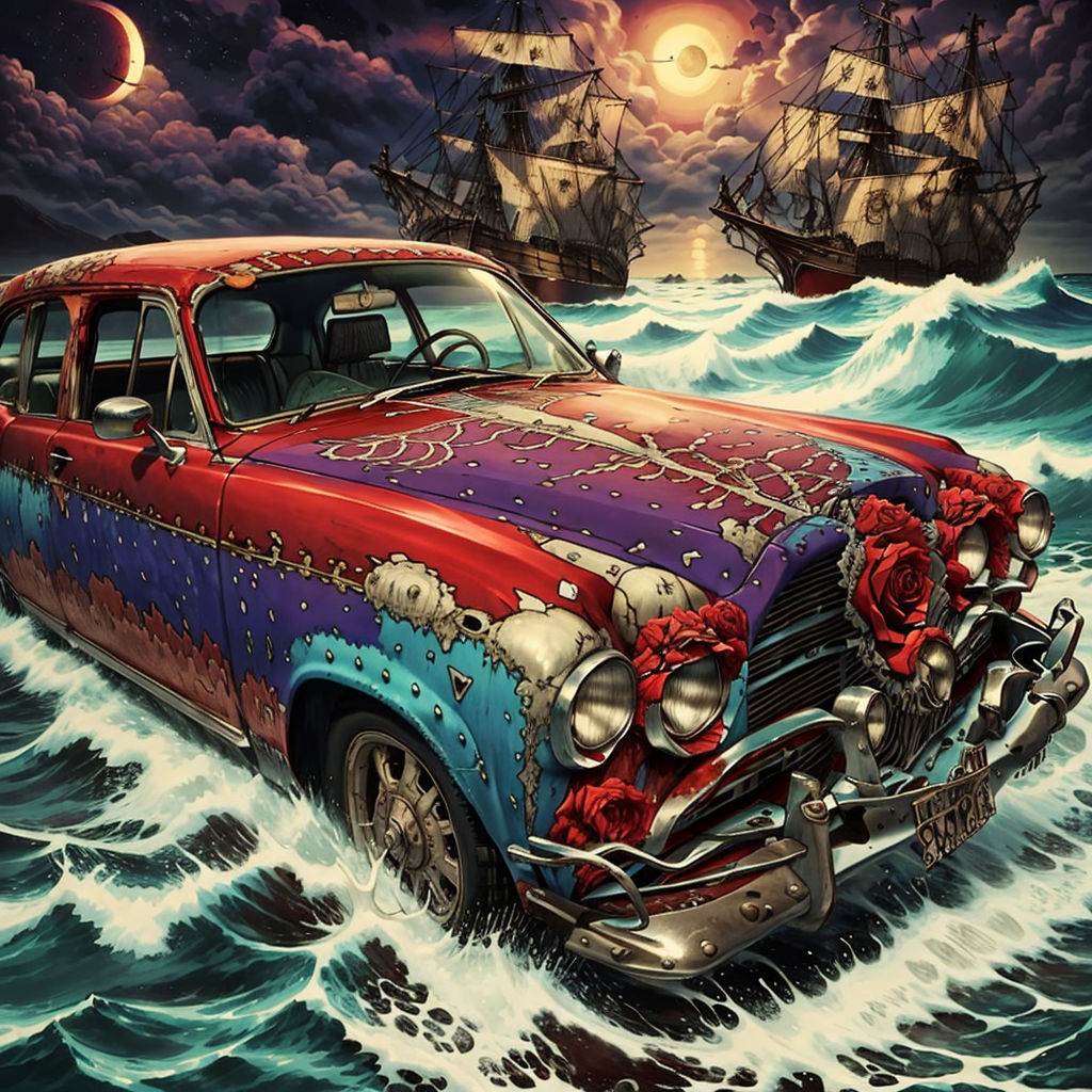 骷髅在惊涛骇浪中殴打旧车，涨潮，红玫瑰，汹涌的海浪插图