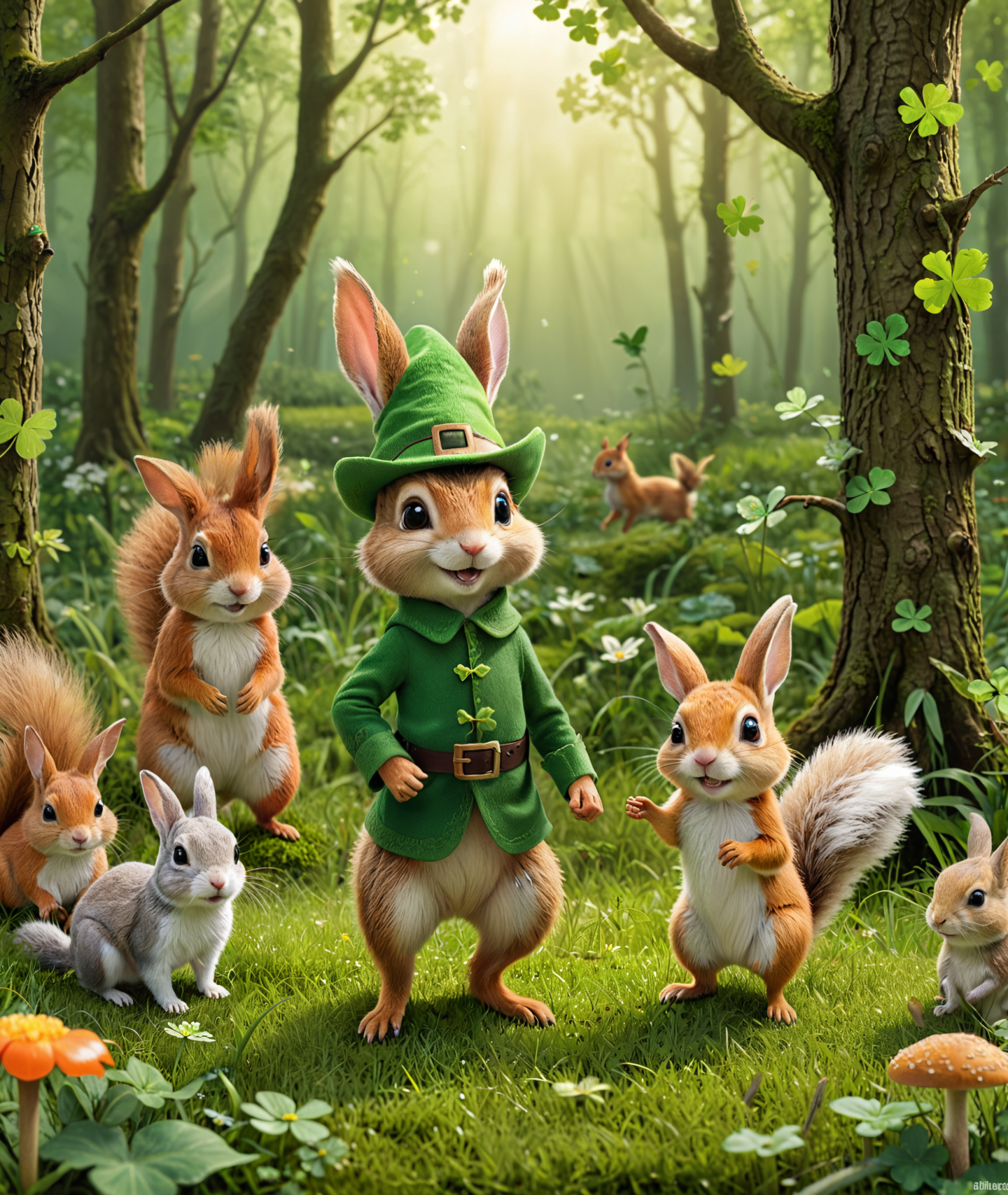 森林里的绿色小精灵， 跳跃的松鼠， 快乐的小兔子插图