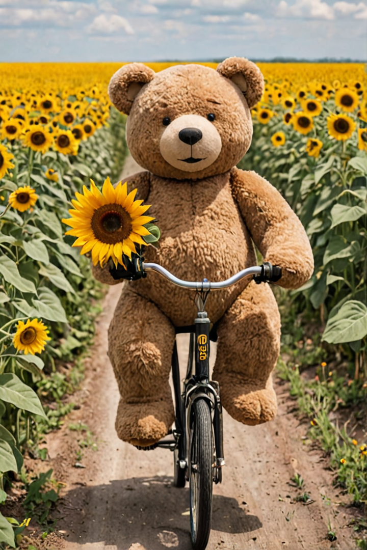 一只巨大的泰迪熊骑着自行车穿过向日葵田插图