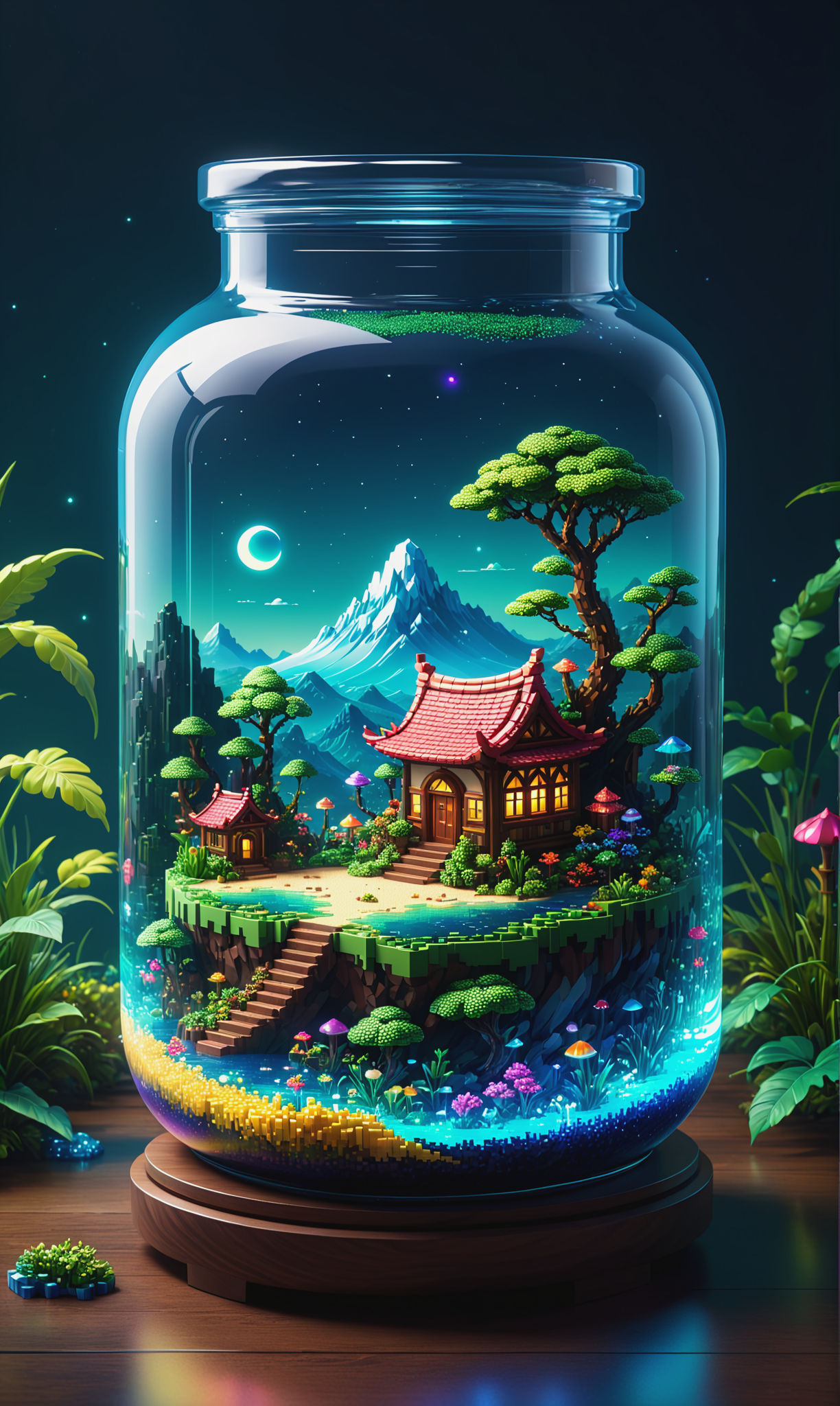 一个封装了奇幻境界的罐子，像素艺术风格，高饱和度，玻璃内包含的迷人景观的鲜艳色调，漂浮的岛屿插图