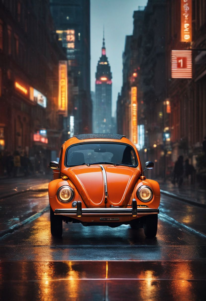 一辆大众甲壳虫汽车沿着繁华的夜间城市街道巡航插图