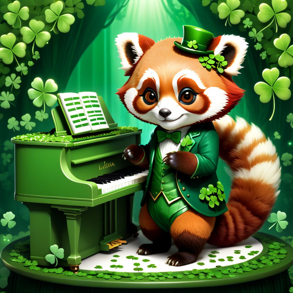 可爱的赤壁小熊猫妖精在舞台上弹奏三叶草制成的钢琴插图