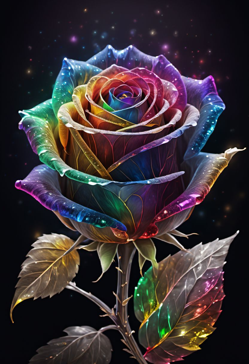 水晶彩虹玫瑰，深色背景插图