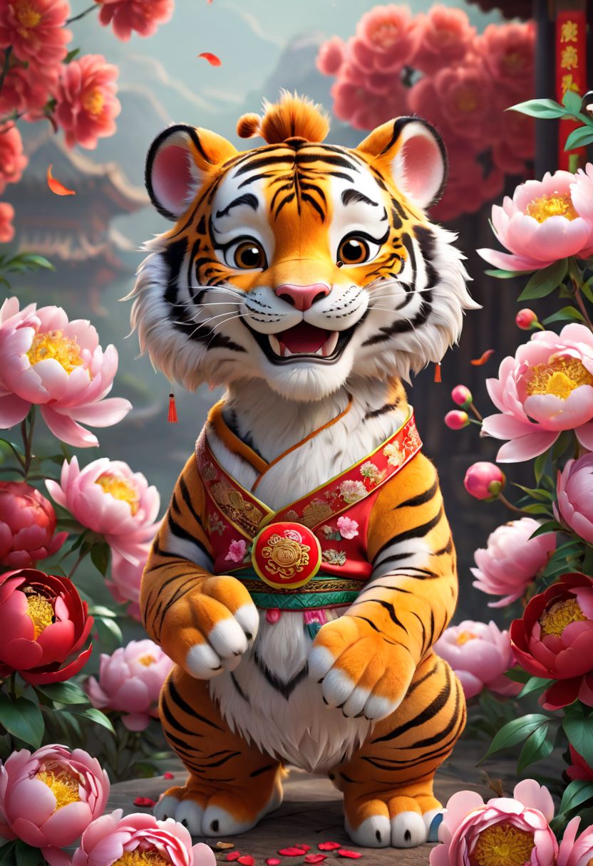 皮克斯风格的小老虎，可爱的小家伙，装扮成传说中的中国神，农历新年插图