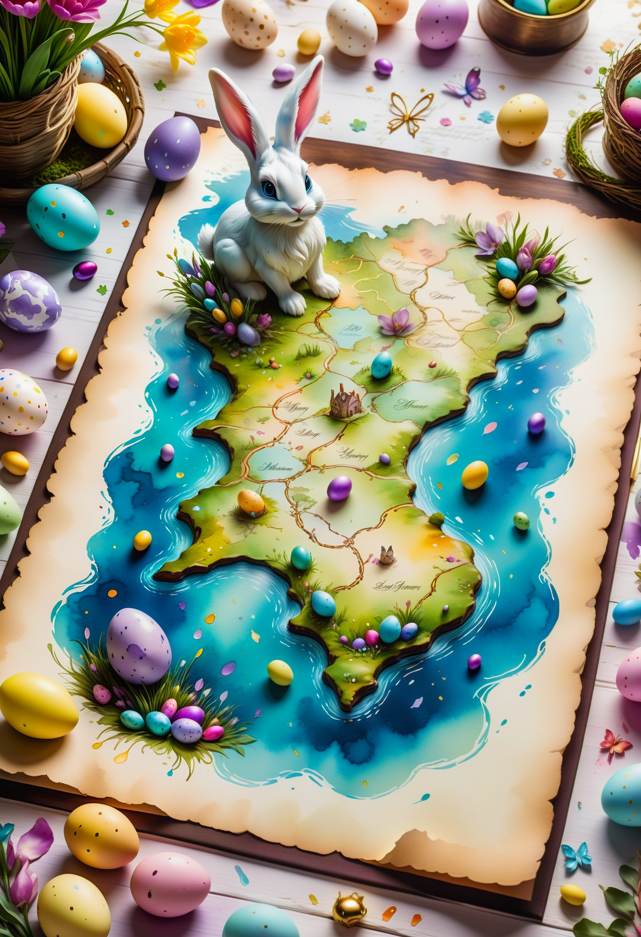 高品质幻想艺术的复活节兔子乐园详细地图，放在复活节装饰的桌子上插图