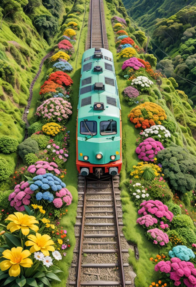 哥伦比亚，火车在铁轨上，鲜花环绕，绿草如茵，可爱的卡通设计风格，梦幻般的视觉效果插图