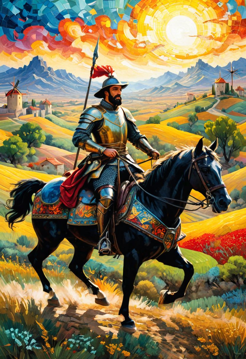 英勇的骑士骑在他可信赖的战马上，无畏地冲向点缀在风景中的风车插图