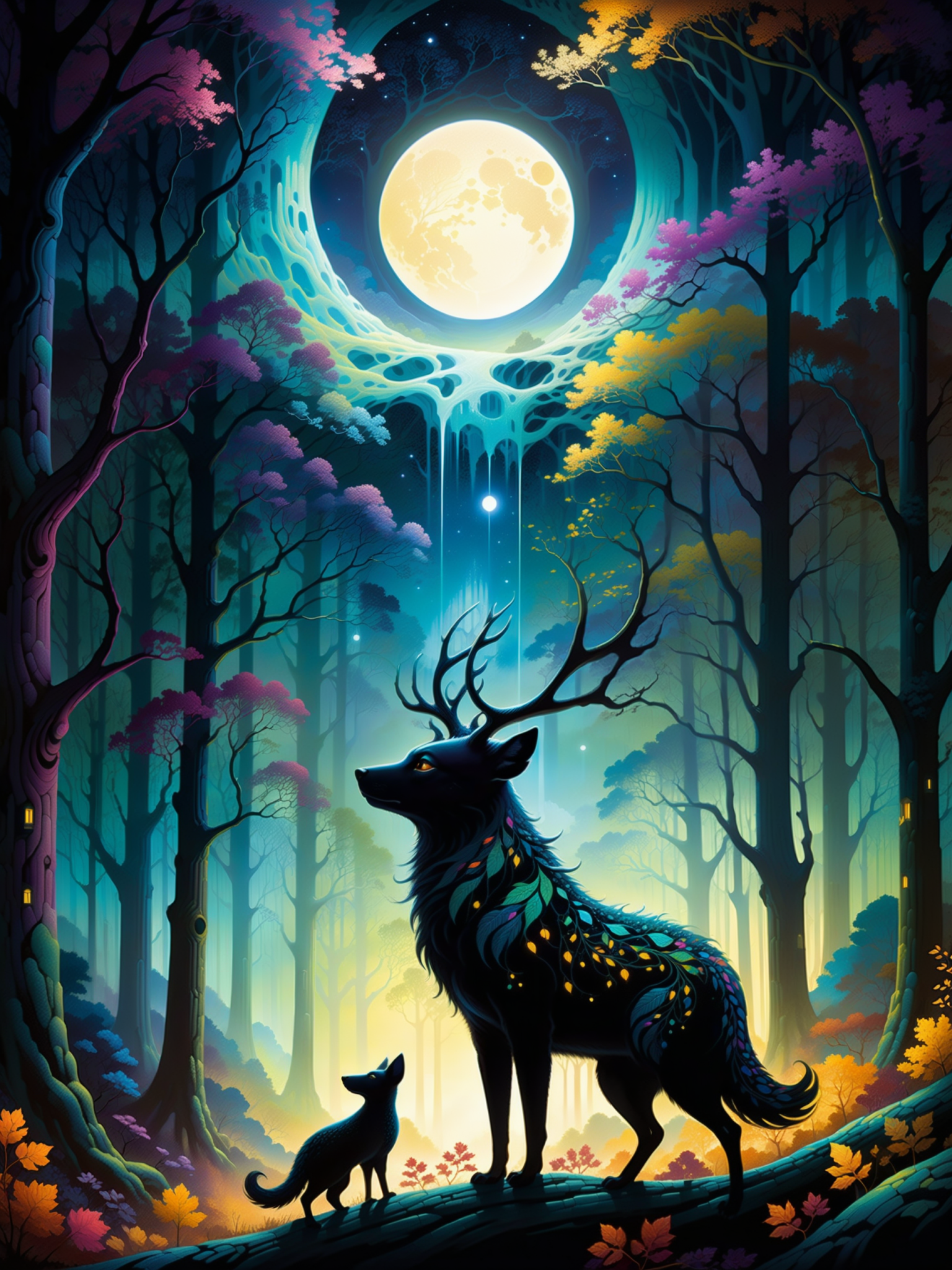 一个宁静的空灵（生物：1.3）在迷人的林间空地看着夜空插图