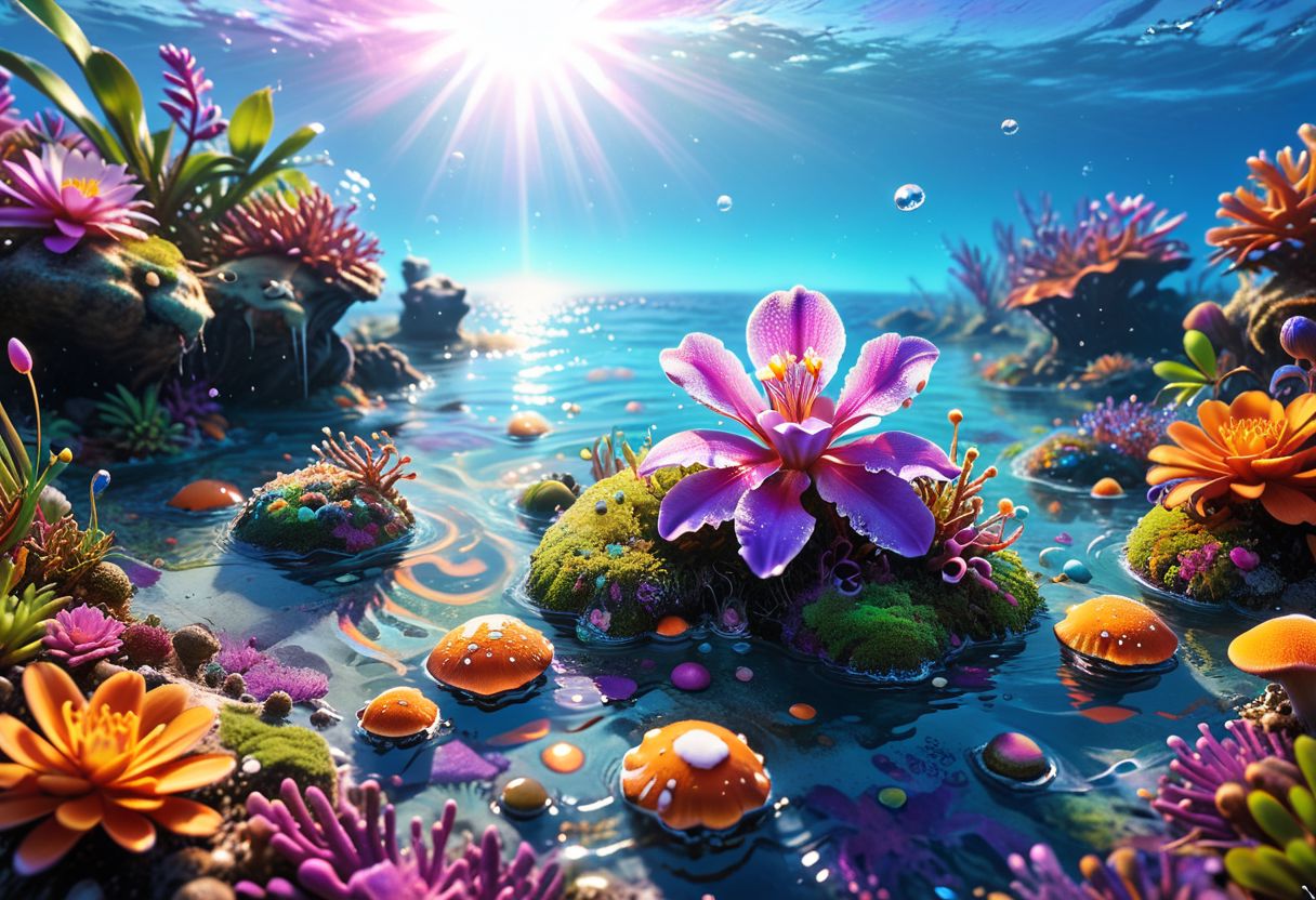 海水，气泡，飞溅。紫色光环，植物群插图