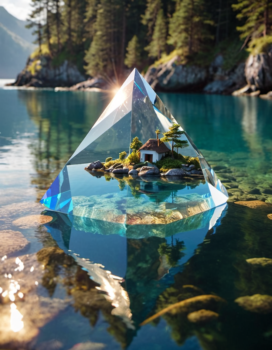 漂浮的水晶岛在水中有棱镜般的倒影插图