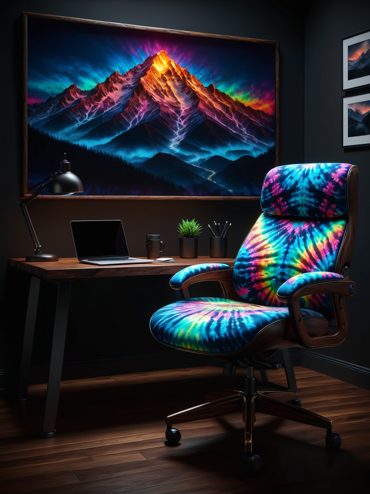 发光的疯狂发光办公椅和木桌，在黑暗昂贵的办公室里，墙上的一座山的照片，夜晚插图