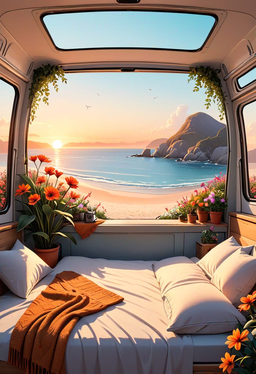 在舒适的露营车内，舒适的床和温暖的毯子，植物，鲜花，装饰，从后面看到安静的海滩，日出，宁静，充满活力的色彩，艺术线条插图