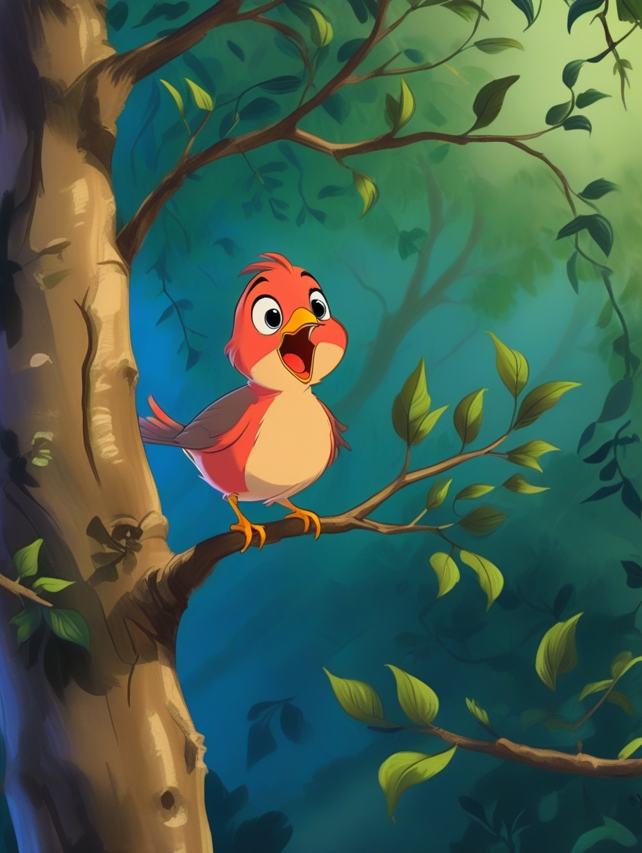 树上一只可爱的小鸟，唱歌，卡通插图