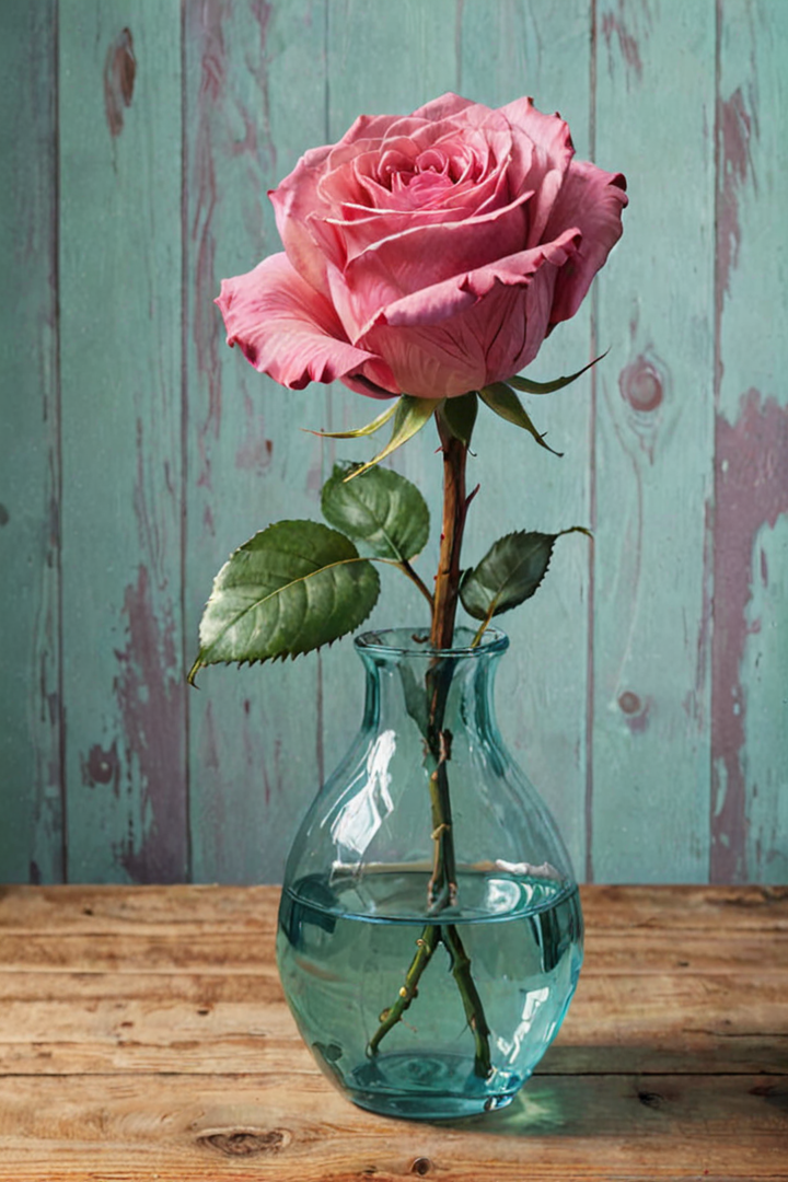木桌上花瓶里的一朵玫瑰，蒸汽波，绘画风格，油画插图