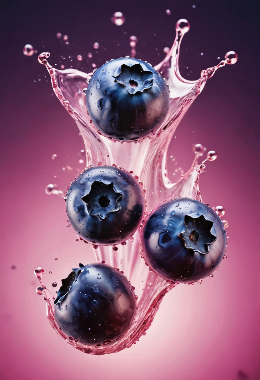 清爽，充满活力的发光3个蓝莓，漂浮在水中，微距摄影，露珠，粉红色灯光，在水中闪闪发光插图