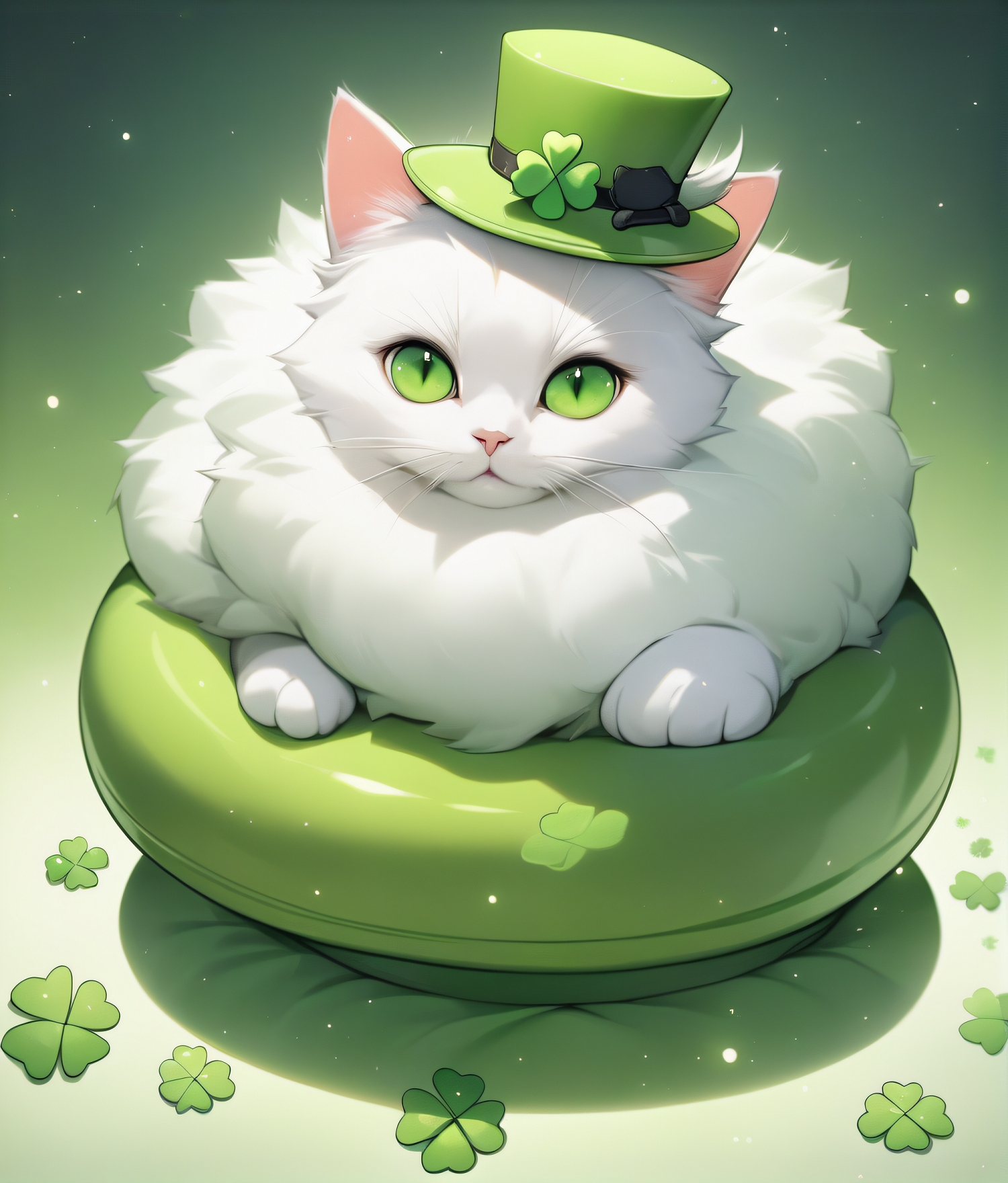 三叶草，四叶草，光粒子，绿色高顶帽子，看着观众，帽子，绿眼睛，没有人类，猫，圆形帽子，毛茸茸的猫插图
