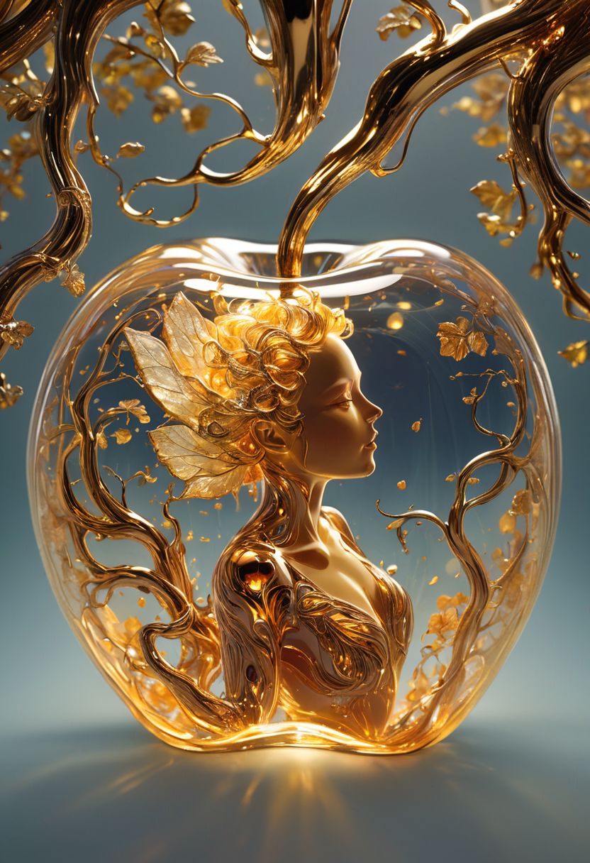 彩色闪亮轮廓玻璃苹果的轮廓，里面有（“发光的金色飞行女仙女用她的魔杖将树变成纯金。”）插图