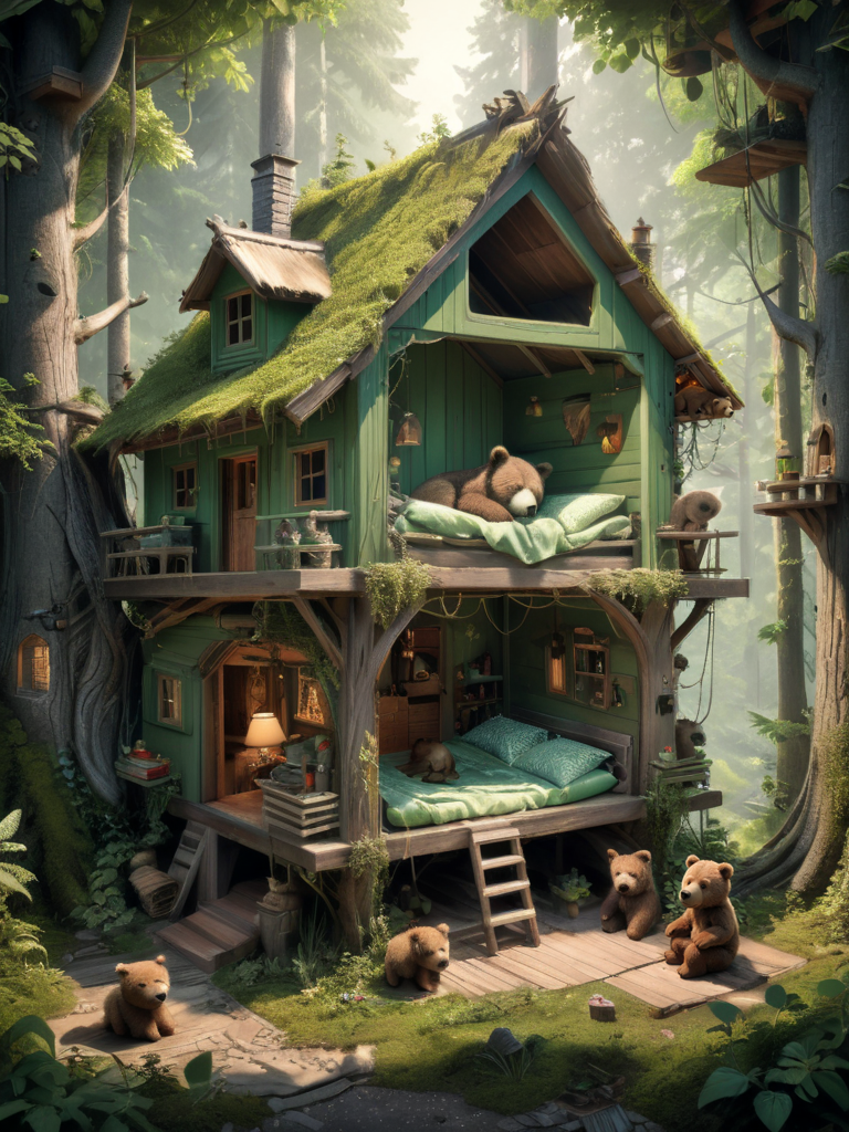 森林里的绿色小屋，棕熊幼崽已经在那里睡着了插图