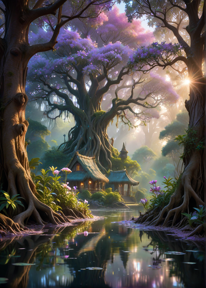 神奇仙女村的空灵奇幻概念艺术，穿过红树林的第一道曙光插图