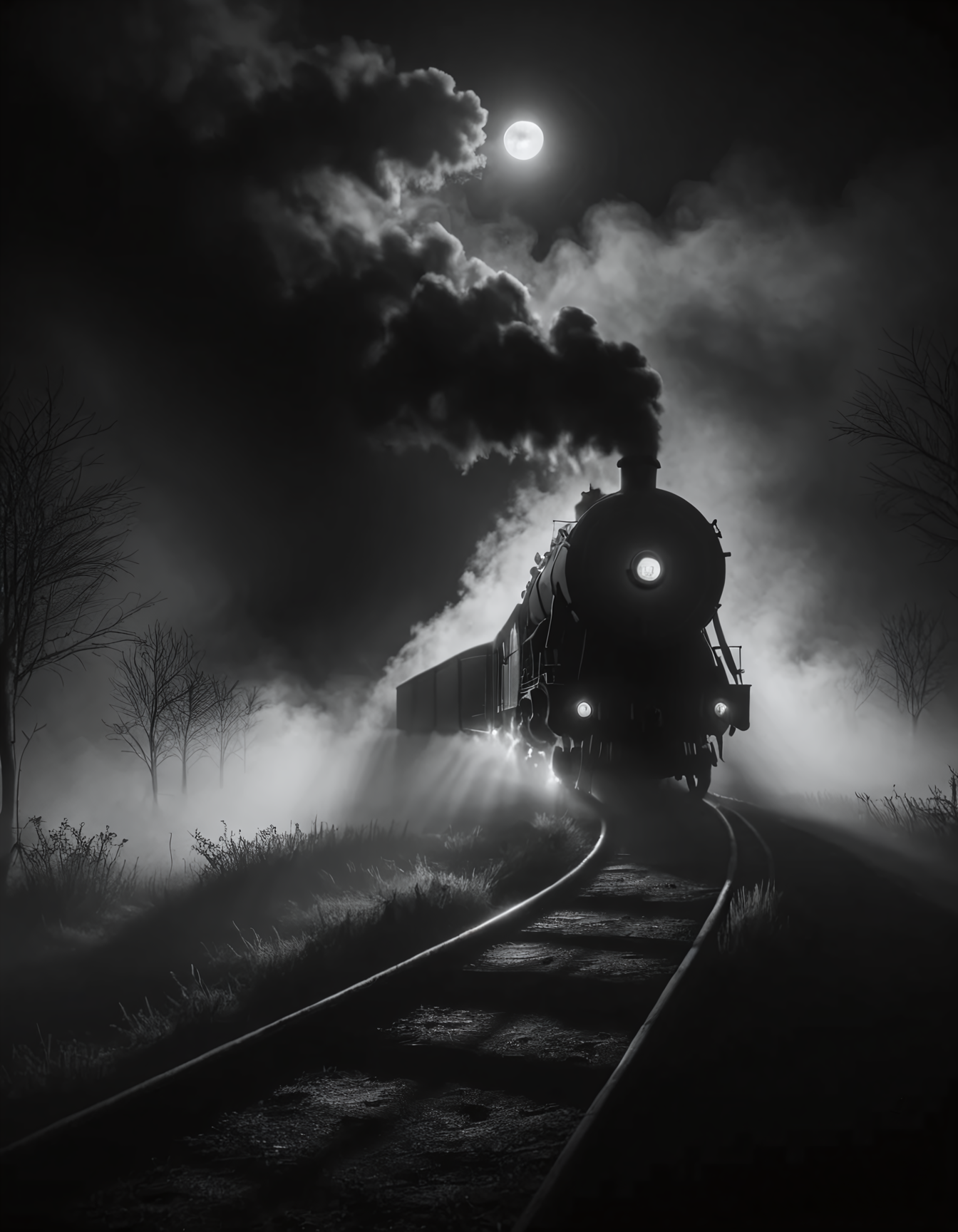 夜间蒸汽火车的黑白电影图像，4k，超高清，杰作插图