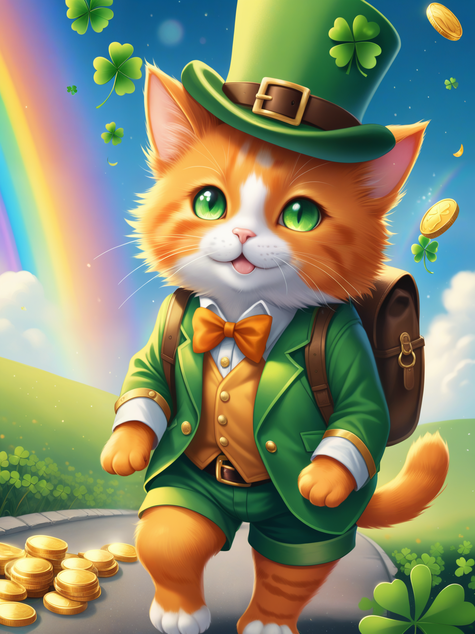 小橙猫穿着妖精的衣服，背着装满金币的背包，行走在天空的彩虹下，金币从天而降插图