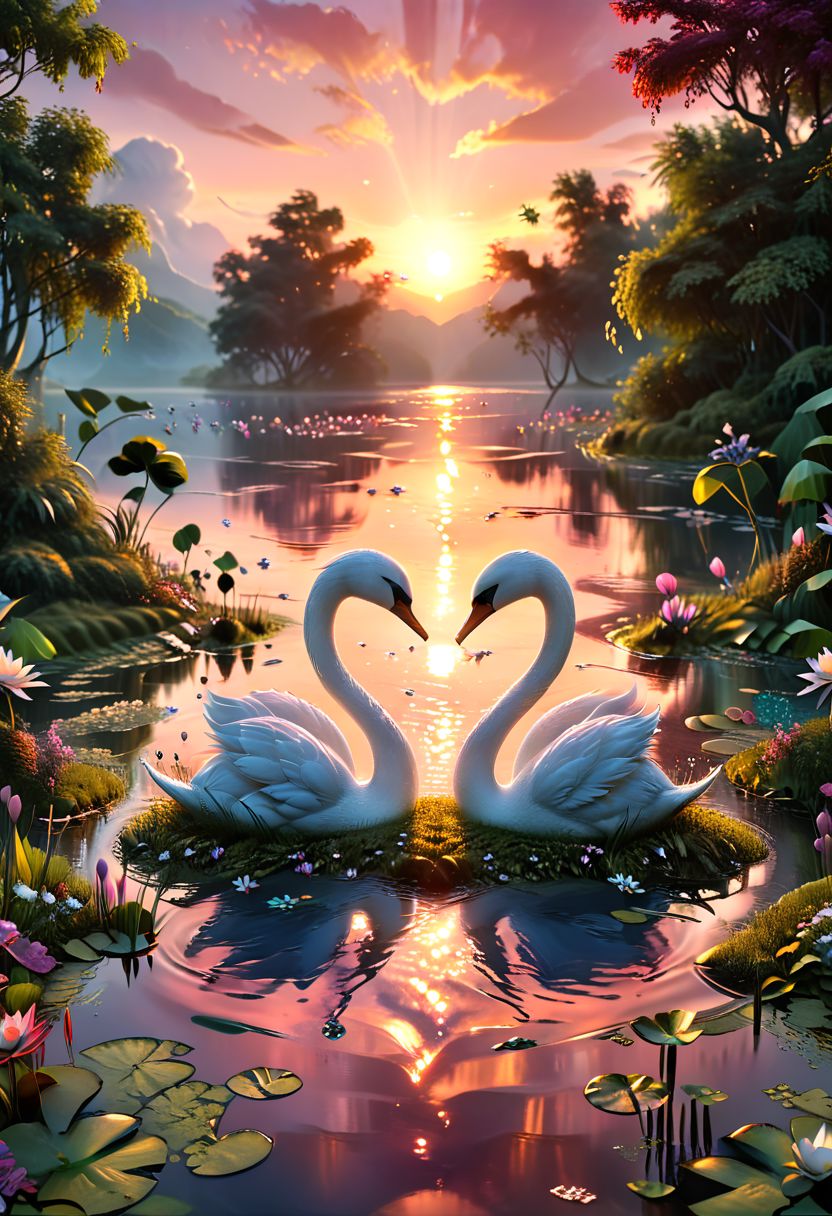 池塘里两只美丽的天鹅，一只在前，形成一颗心，同样尺寸插图