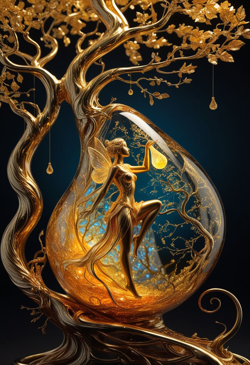 玻璃梨的轮廓，里面有发光的金色飞行女仙女用她的魔杖将树变成纯金插图