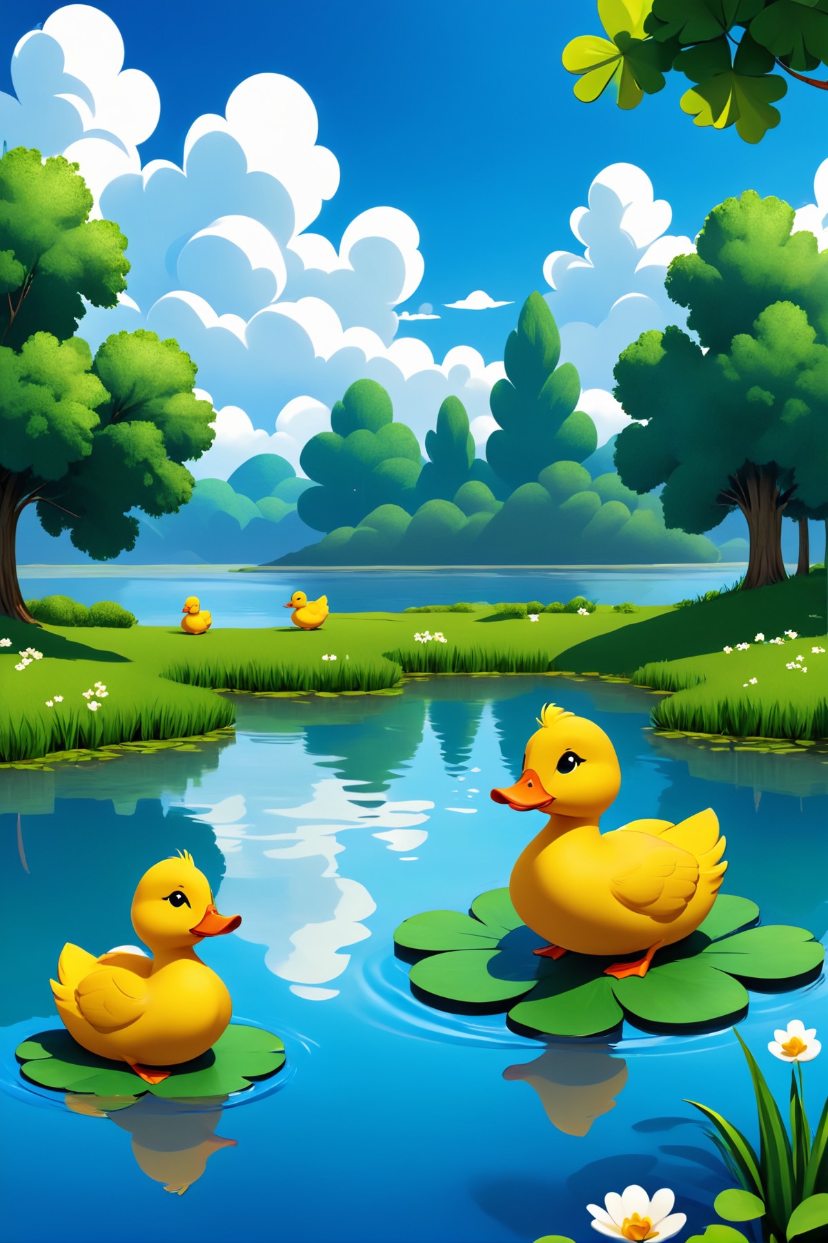 一群小鸭在形状像三叶草的池塘周围划水，在清澈的蓝天下，蓬松的云彩倒映在水中插图