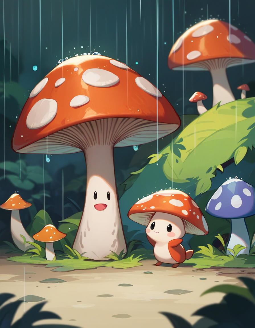 雨下得很大，一只小青蛙在蘑菇下找到了庇护所插图